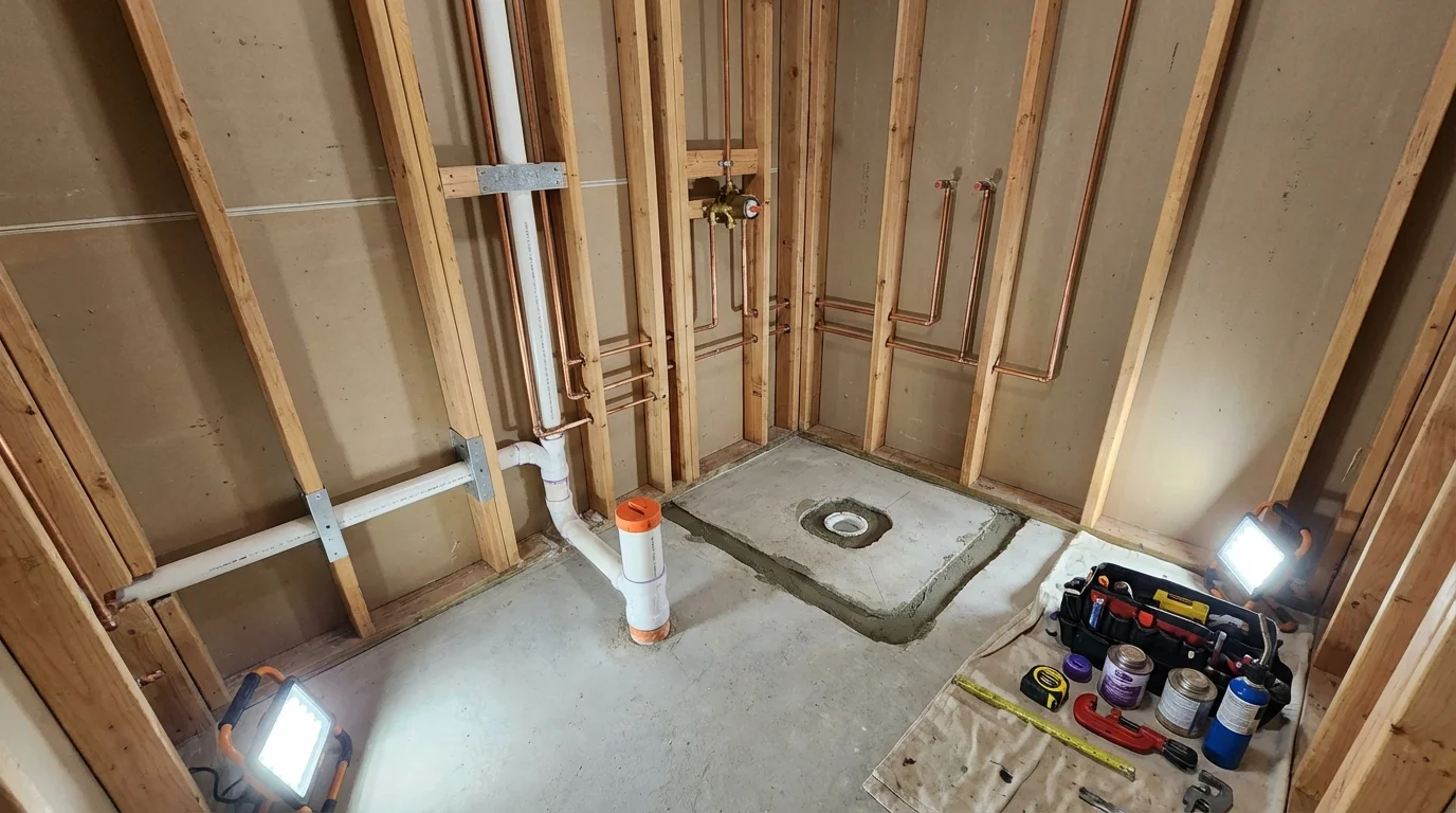 Bathroom rough-in plumbing during remodel by Johns Plumbing LLC in Nahant