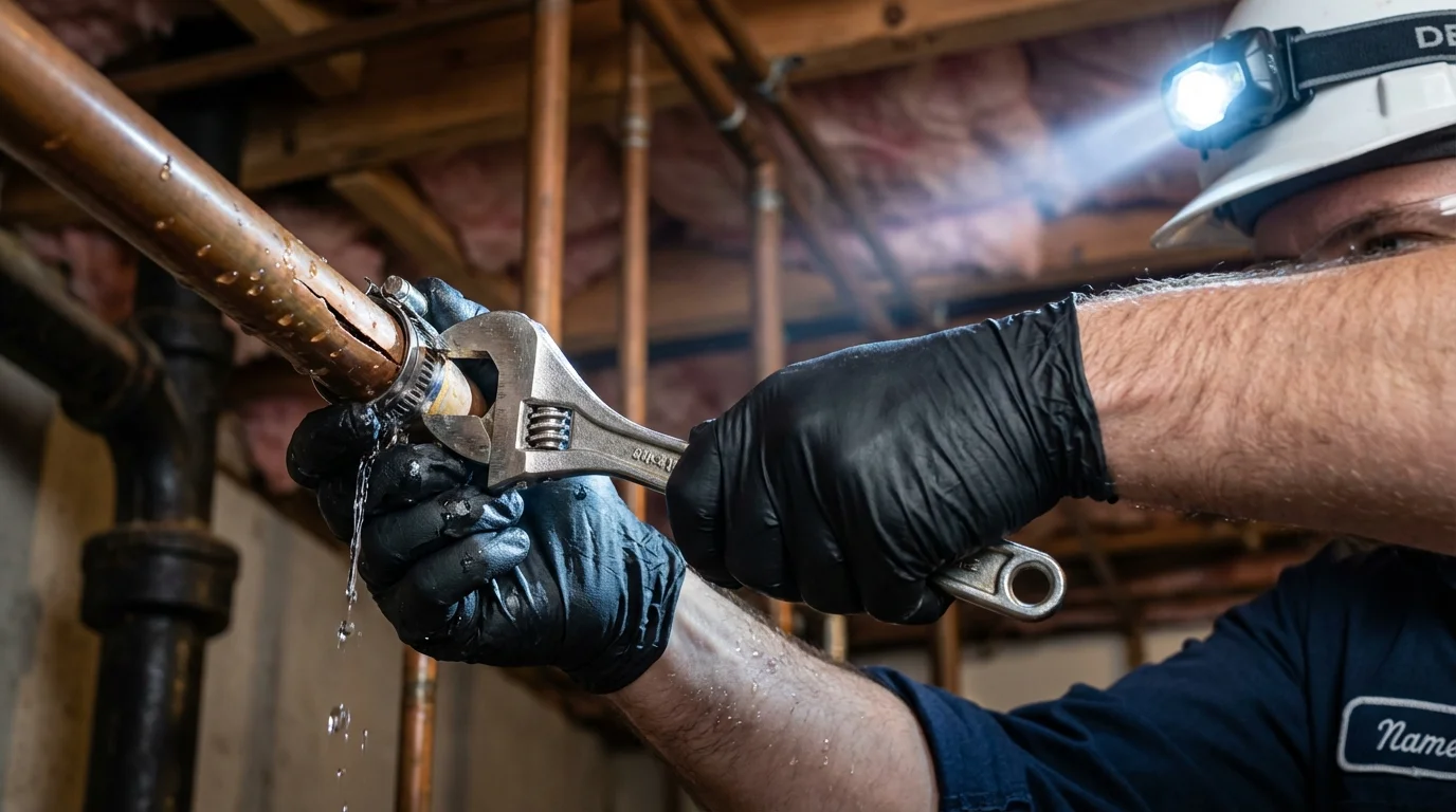 Emergency pipe clamp repair being performed by a Johns Plumbing LLC plumber in Nahant