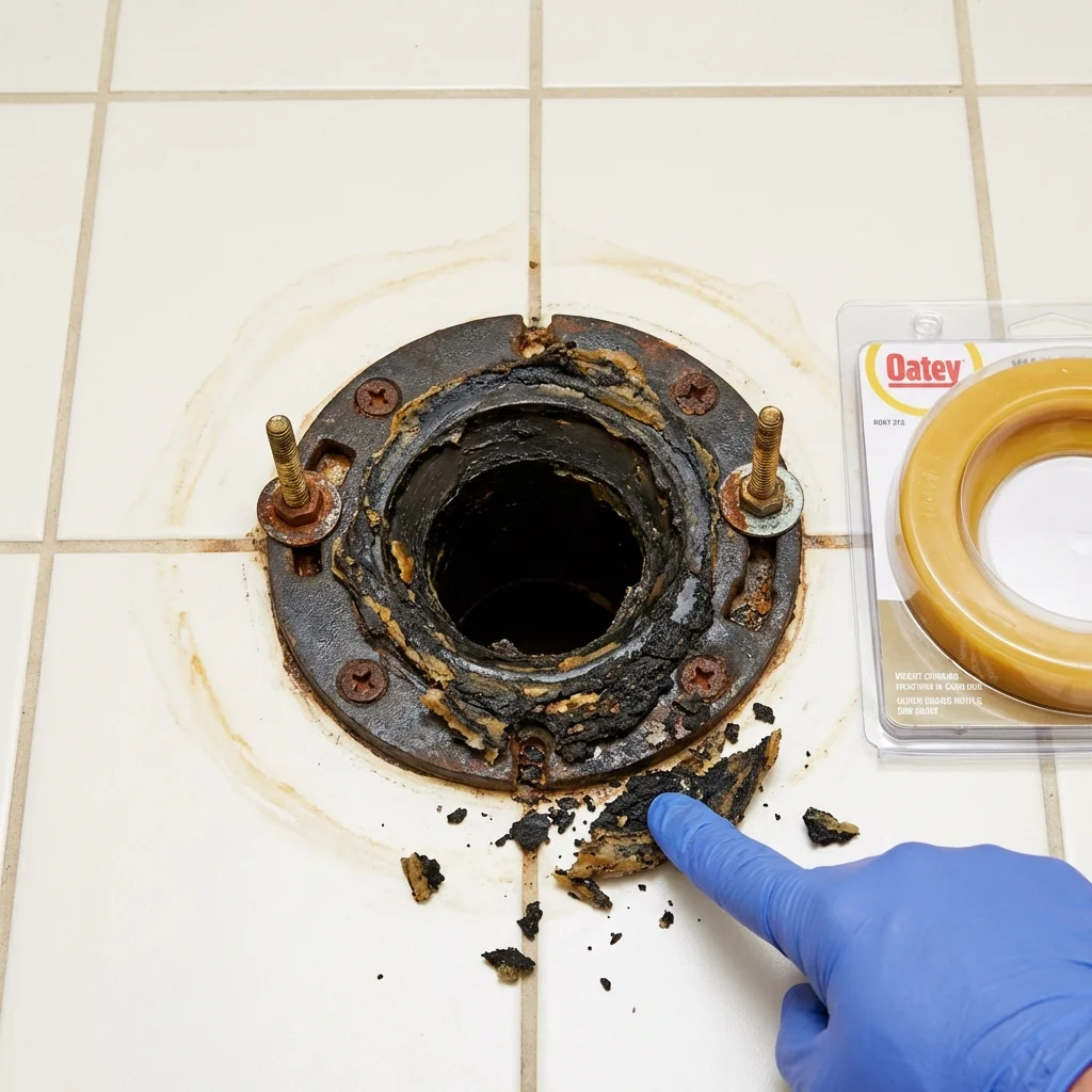 Failed wax ring showing water seepage at the base of a toilet in a Nahant, MA home