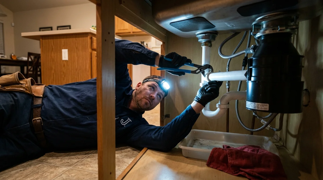 P-trap and supply line connections under a kitchen sink showing a common leak point in Nahant, MA